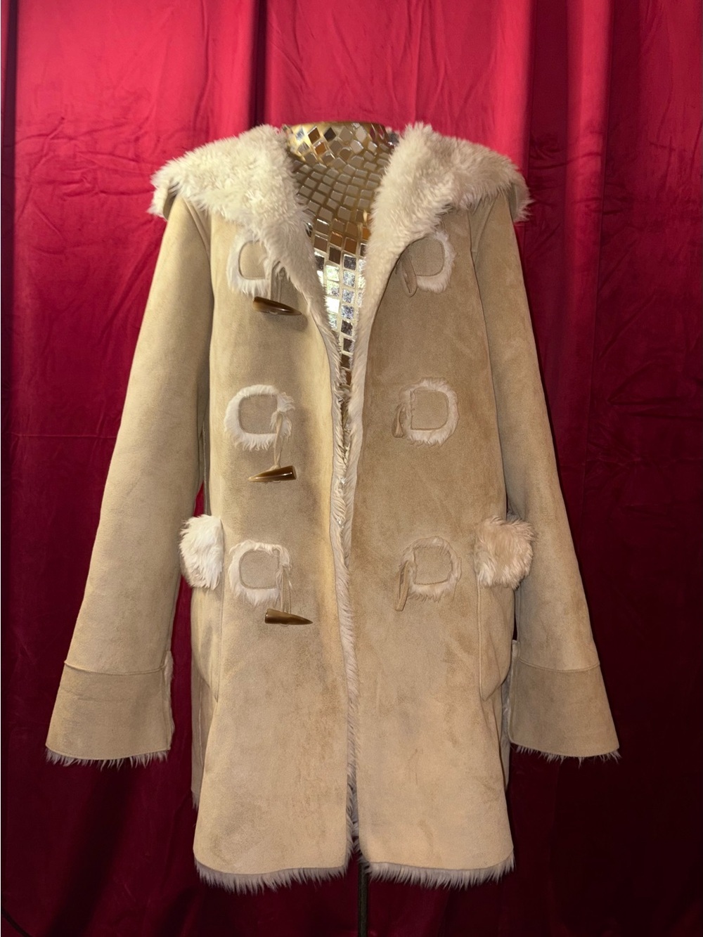 Nine West Cream Faux Shearling Toggle Trench Coat - Picture 2 of 5